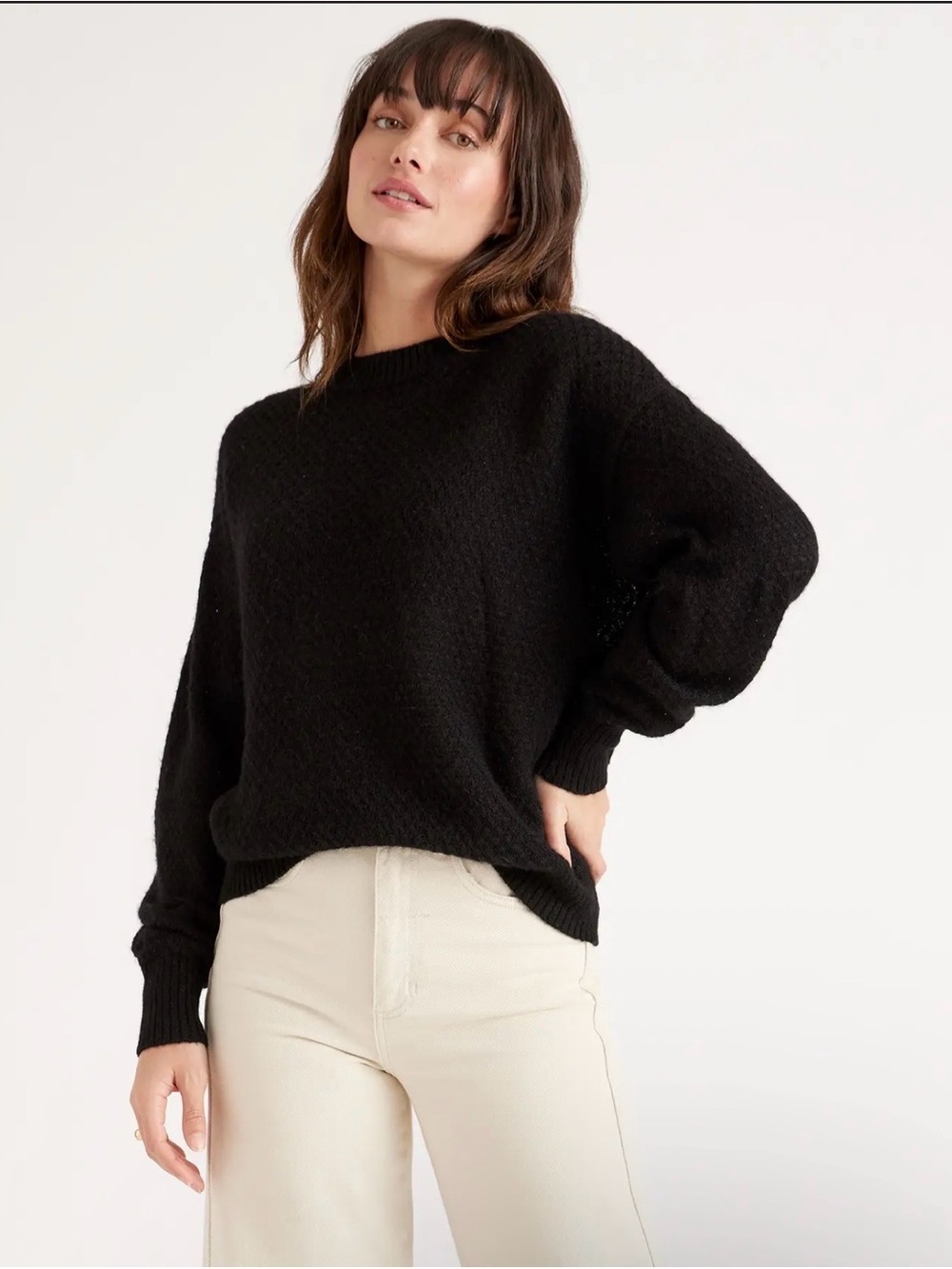Quince Baby Alpaca-Wool Diamond Stitch Crew Sweater -  Black- XL